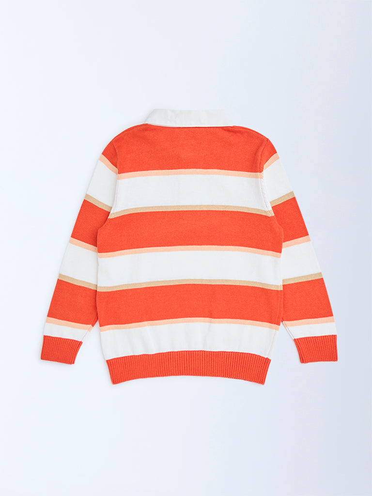 HOP Kids Orange Striped Cotton Polo Sweater - Image 4