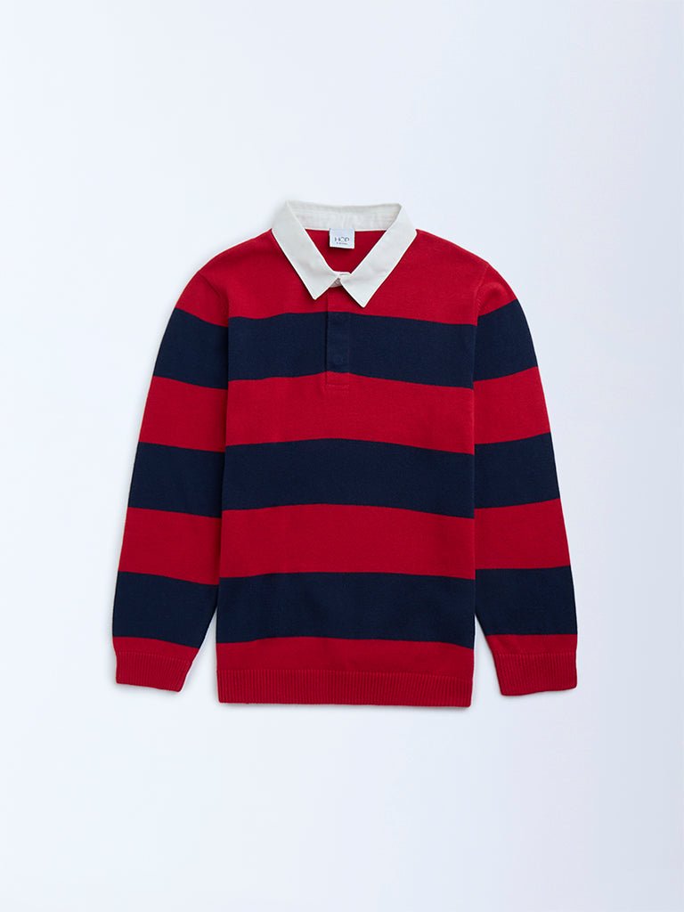 HOP Kids Red Striped Cotton Polo Sweater - Image 3