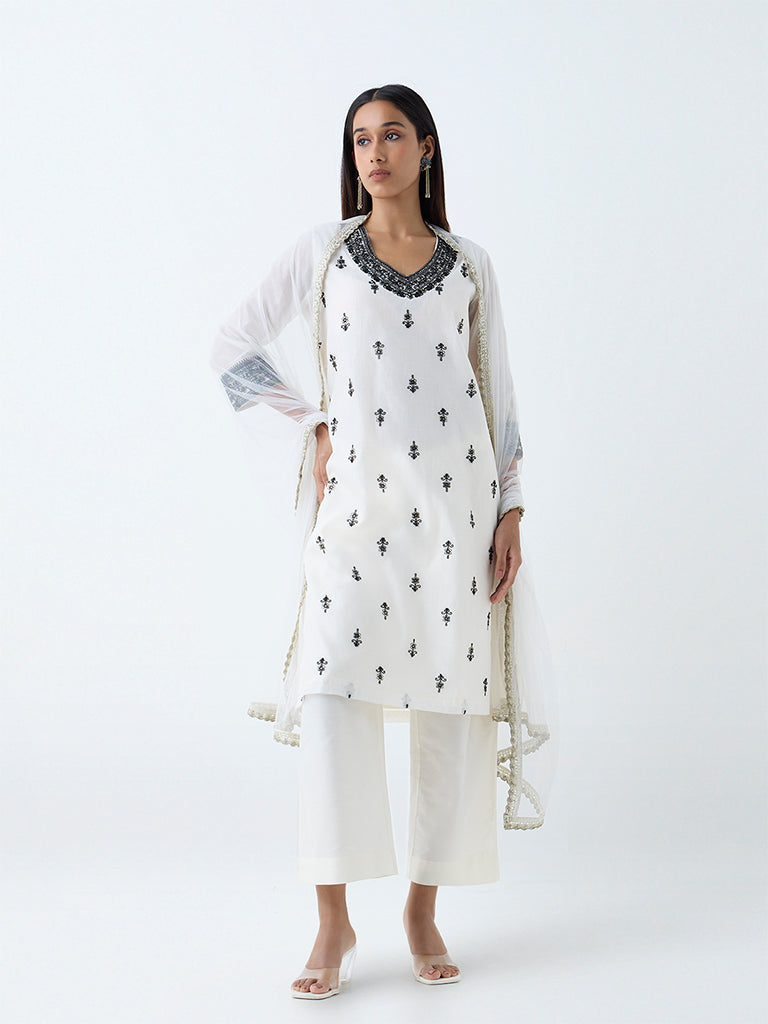 Vark White Embroidered Cotton-Blend A-Line Ethnic Set