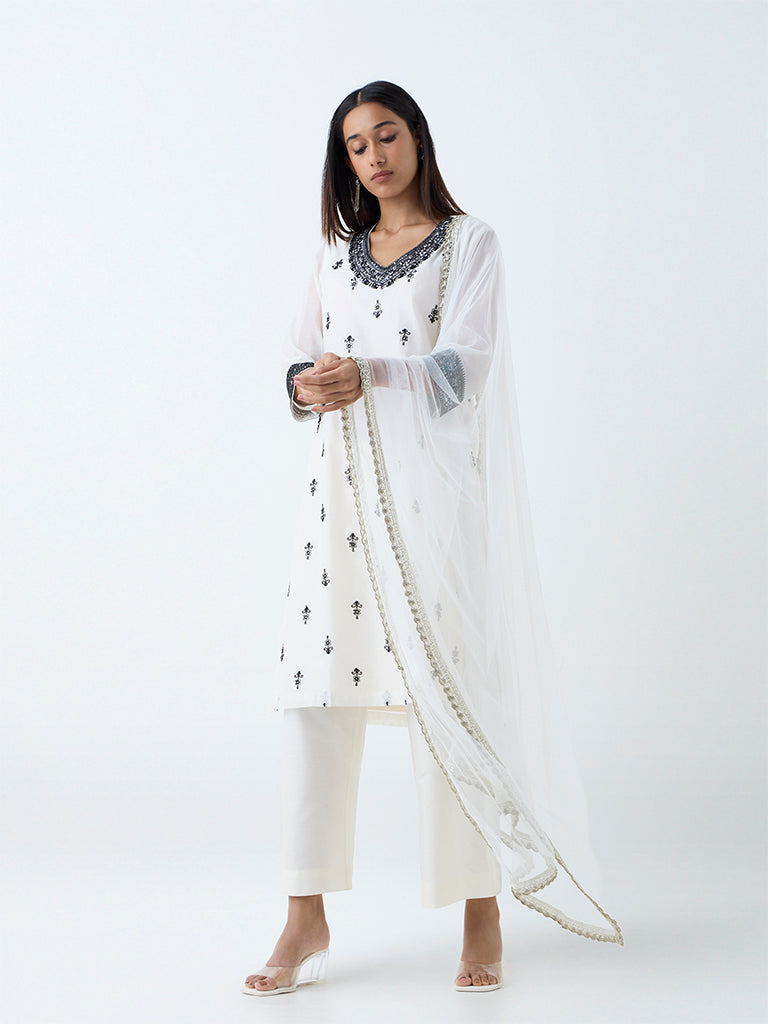 Vark White Embroidered Cotton-Blend A-Line Ethnic Set - Image 2