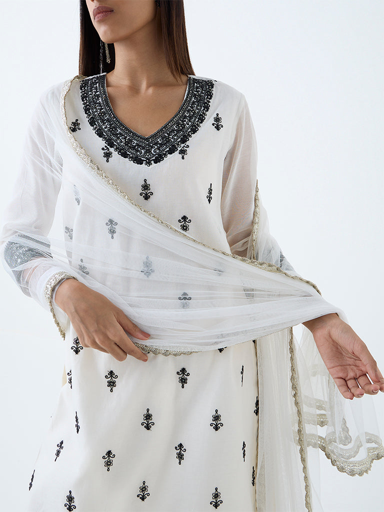 Vark White Embroidered Cotton-Blend A-Line Ethnic Set - Image 3