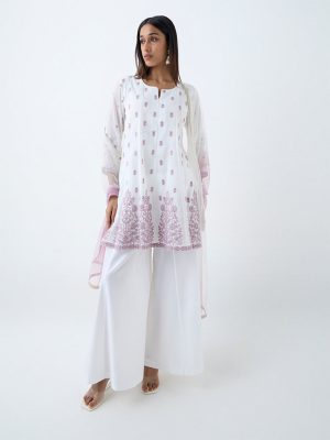 Vark White Floral Embroidered Cotton-Blend A-Line Ethnic Set