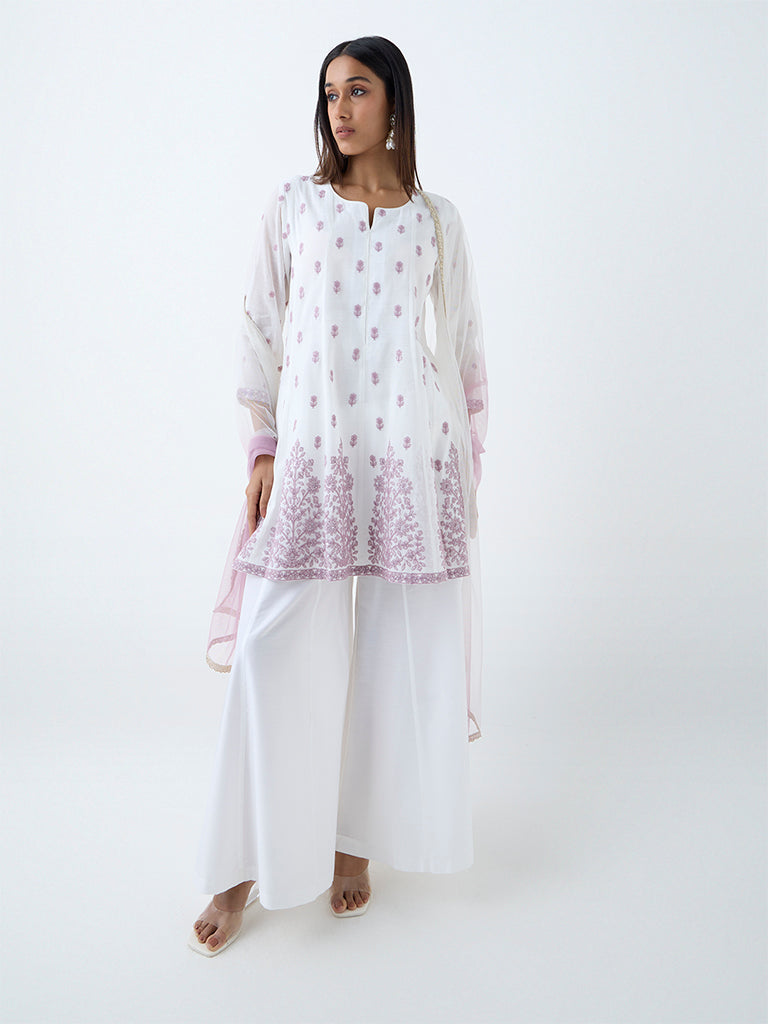 Vark White Floral Embroidered Cotton-Blend A-Line Ethnic Set