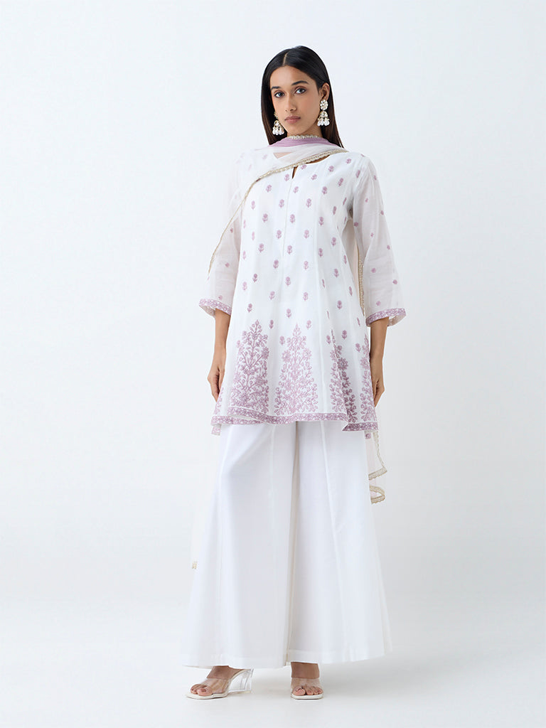 Vark White Floral Embroidered Cotton-Blend A-Line Ethnic Set - Image 2
