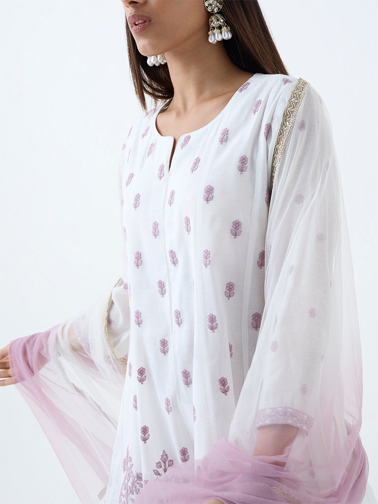 Vark White Floral Embroidered Cotton-Blend A-Line Ethnic Set - Image 3