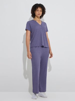 Wunderlove Purple Ribbed-Textured High-Rise Pants