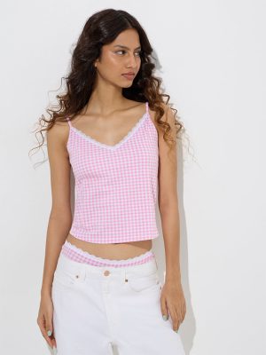 Superstar Pink Checkered Cotton-Blend Camisoles- Pack of 2