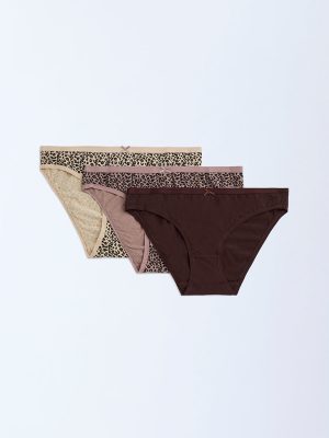 Wunderlove Beige Cotton-Blend Bikini Briefs - Pack of 3