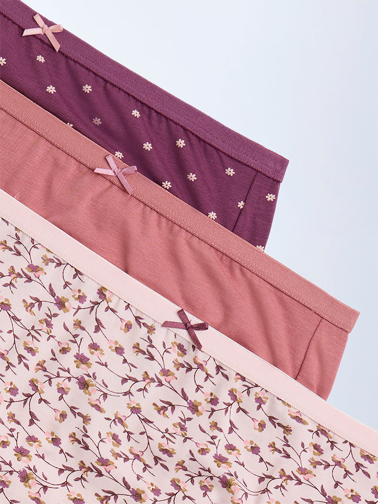 Wunderlove Multicolour Floral Design Hi-Leg Cotton-Blend Briefs - Pack of 3 - Image 2