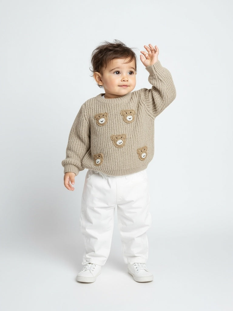 HOP Baby Beige Teddy Embroidered Sweater