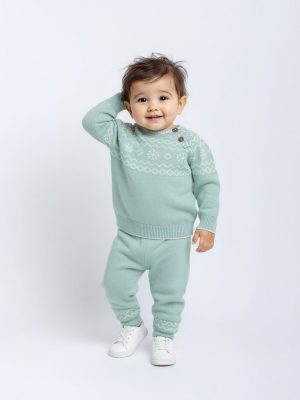 HOP Baby Mint Printed Cotton Sweater with Joggers Set