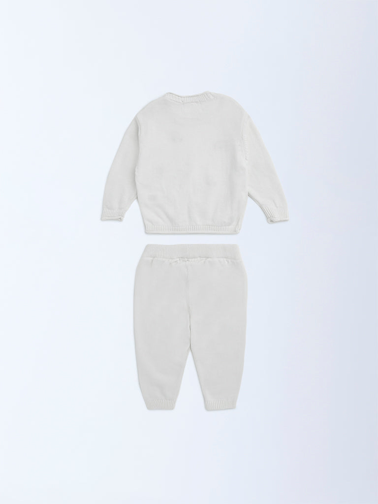 HOP Baby Off-White Embroidered Cotton Sweater and Pants Set - Image 3