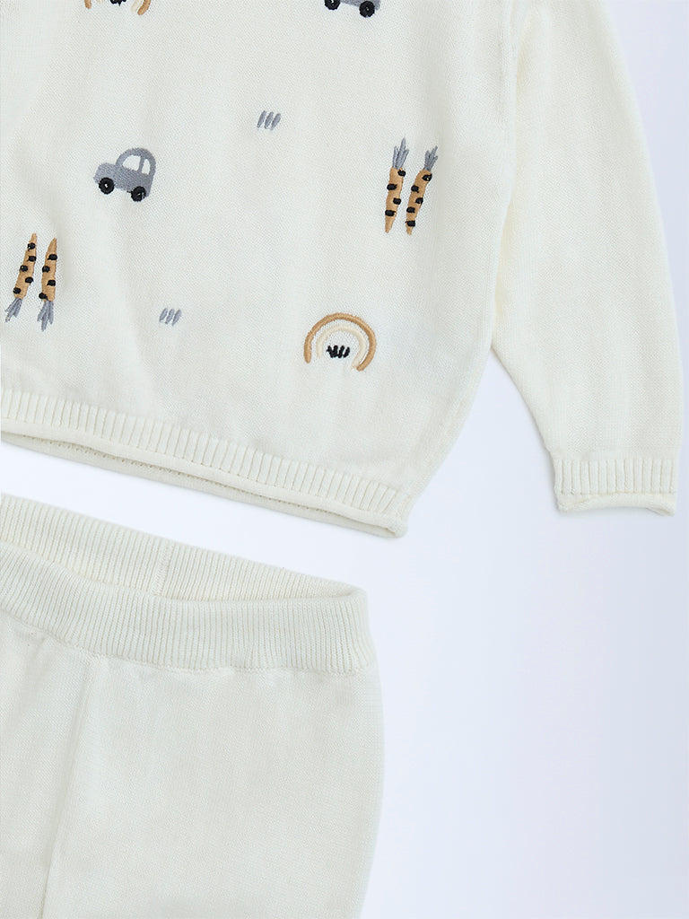 HOP Baby Off-White Embroidered Cotton Sweater and Pants Set - Image 4