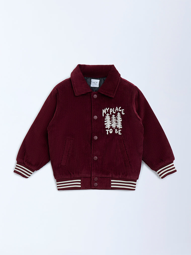HOP Kids Wine Text Detailed Corduroy Cotton Jacket - Image 3