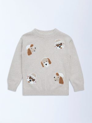 HOP Kids Beige Animal Embroidered Cotton Sweater