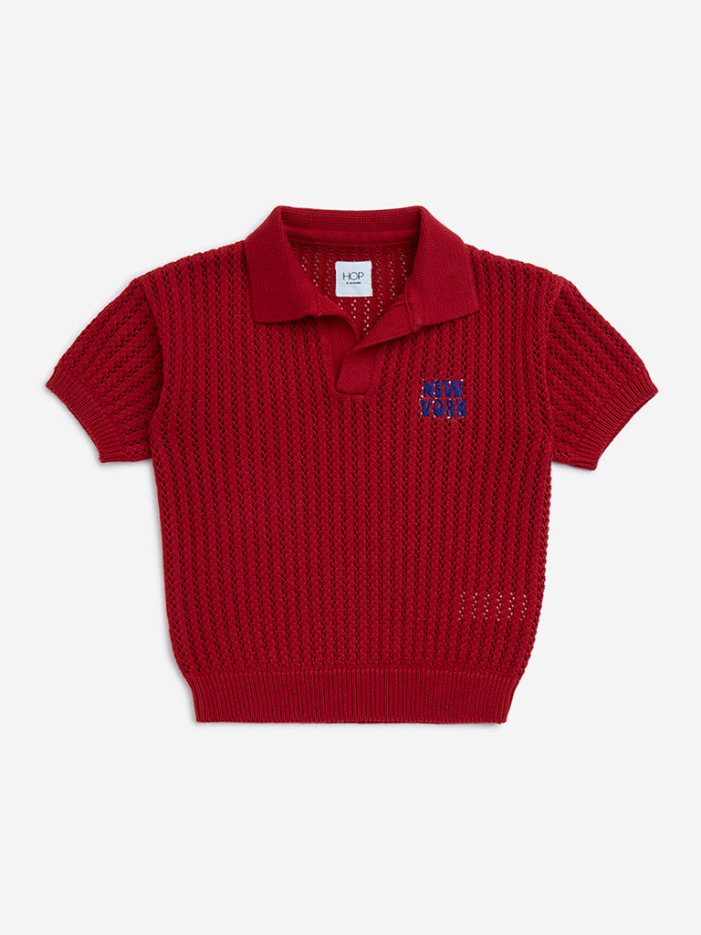 HOP Kids Red Knit-Textured Cotton T-Shirt - Image 2