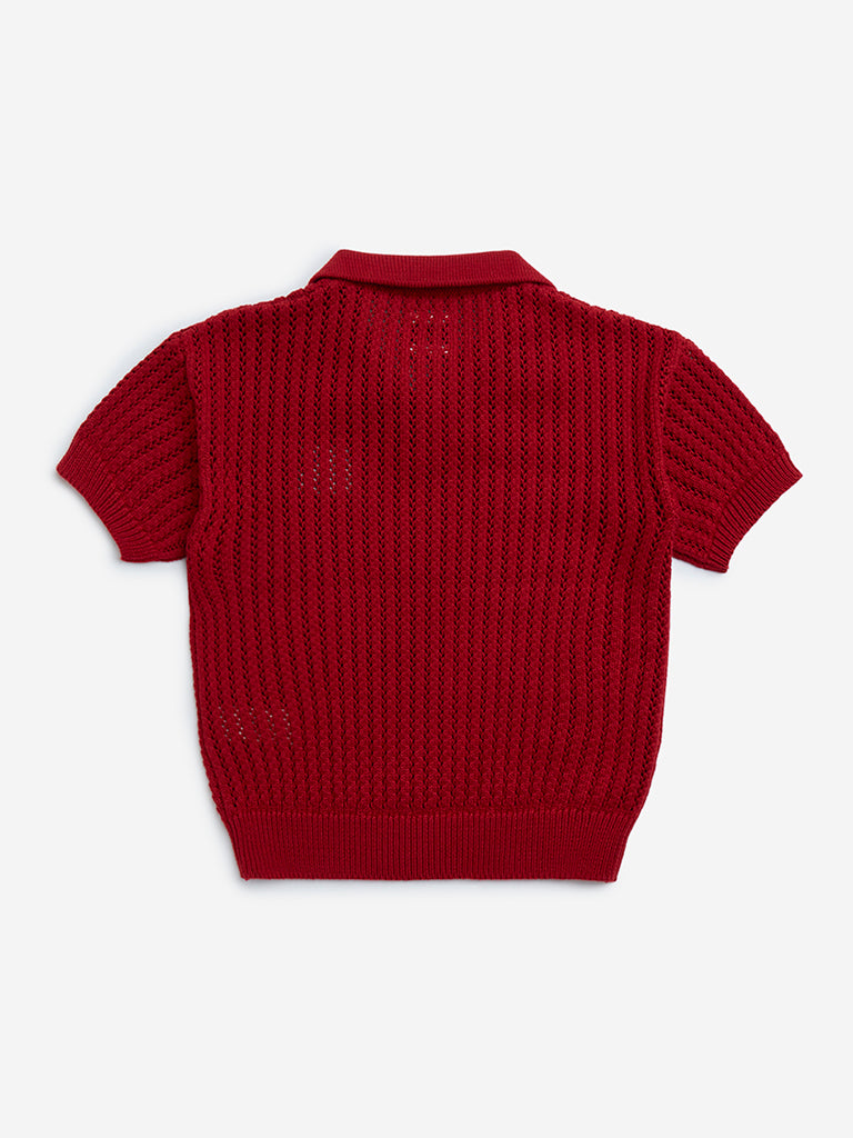 HOP Kids Red Knit-Textured Cotton T-Shirt - Image 3