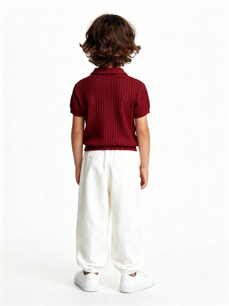 HOP Kids Red Knit-Textured Cotton T-Shirt - Image 5