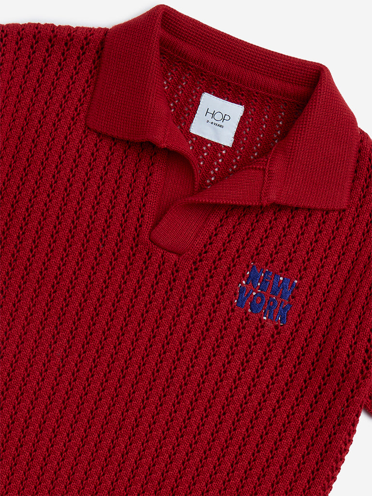 HOP Kids Red Knit-Textured Cotton T-Shirt - Image 4