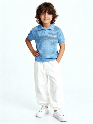 HOP Kids Blue Knit-Textured Cotton T-Shirt