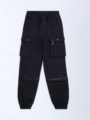 Y&F Kids Black Cargo-Style Mid-Rise Cotton-Blend Joggers