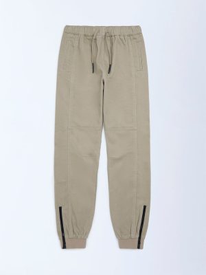 Y&F Kids Taupe Mid-Rise Cotton-Blend Joggers