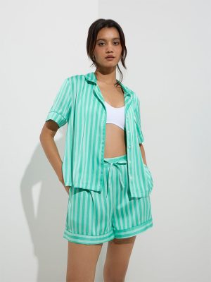 Wunderlove Green Stripe Pattern Shirt and Shorts Set