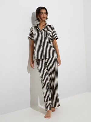 Wunderlove Black Stripe Patterned Shirt and Pyjamas Set