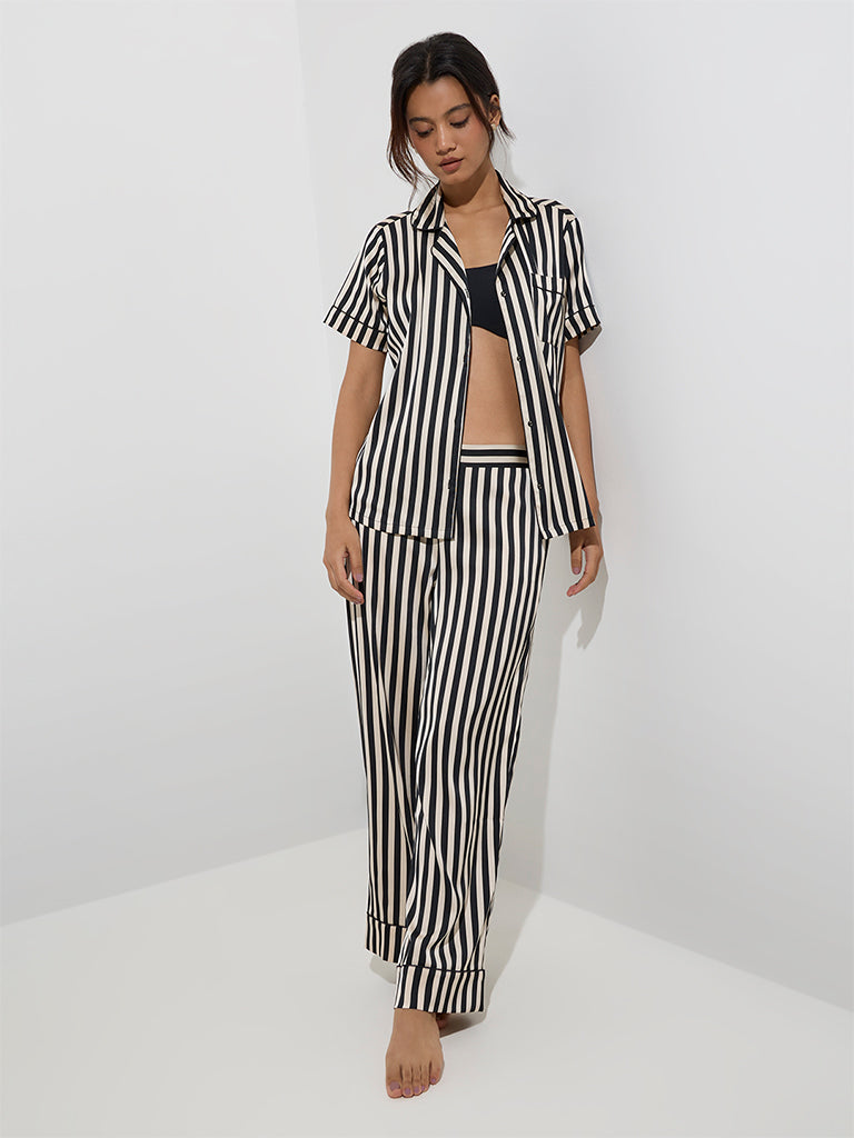 Wunderlove Black Stripe Patterned Shirt and Pyjamas Set - Image 2