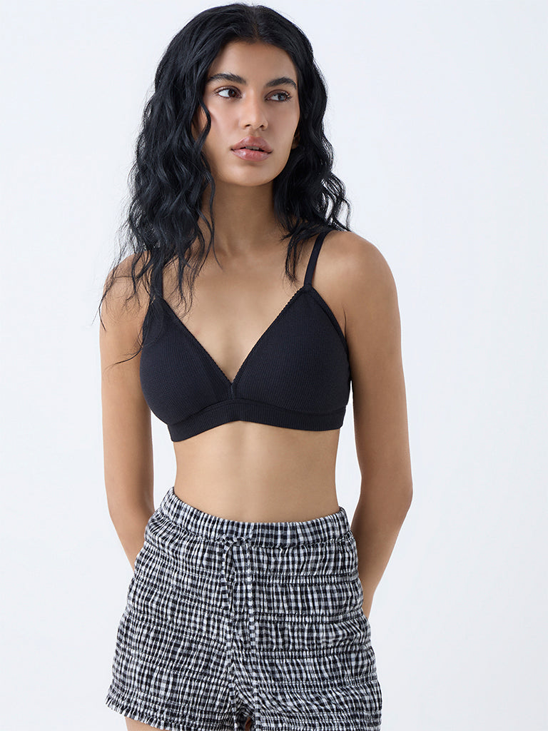 Superstar Black Underwired Cotton-Blend Plunge Bra - Image 2