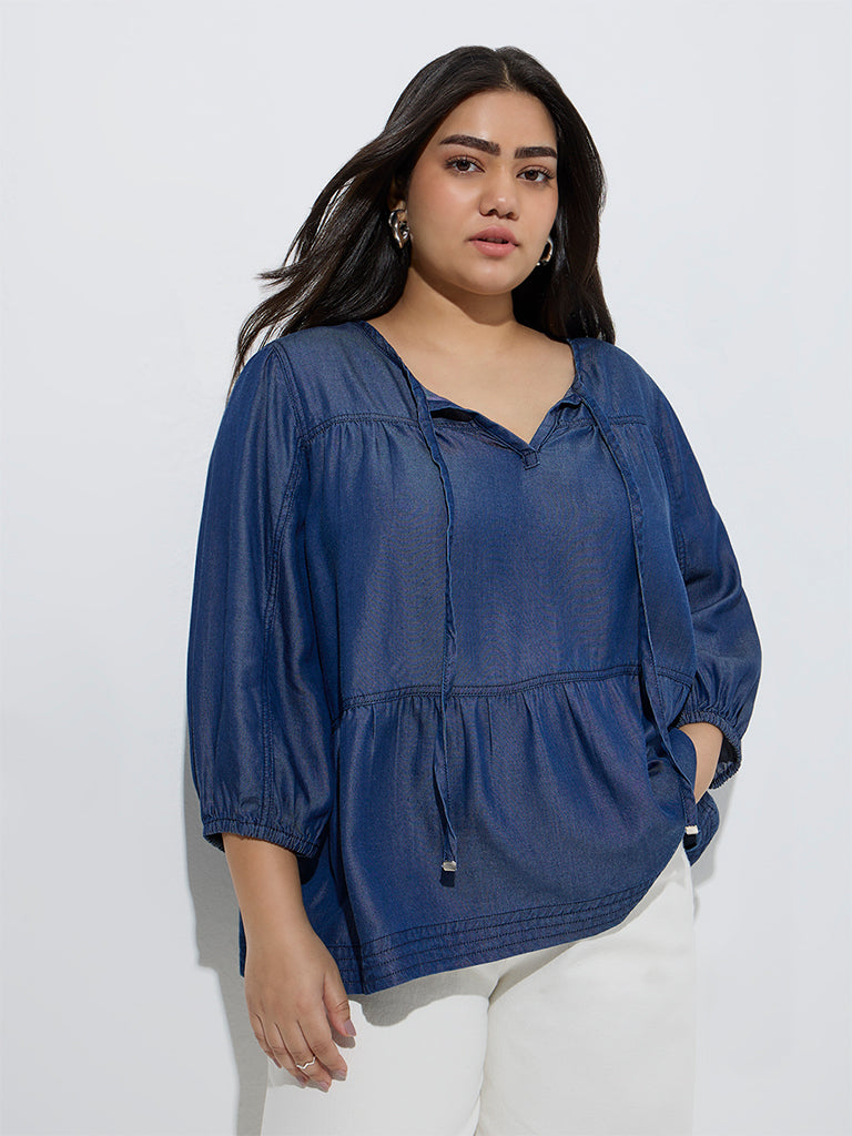 Gia Dark Blue Denim Peplum Top - Image 2
