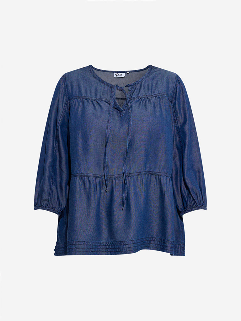 Gia Dark Blue Denim Peplum Top - Image 5