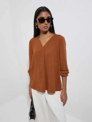 Wardrobe Tan Crinkle-Textured Top