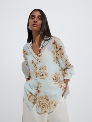 Wardrobe Light Blue Floral Cotton Shirt with Camisole
