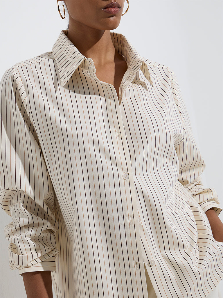 Wardrobe Off-White Striped Cotton Shirt - Image 3