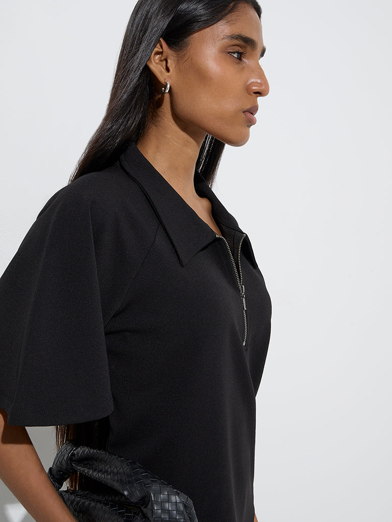 Wardrobe Black Solid Quarter-Zipper A-Line Dress - Image 3