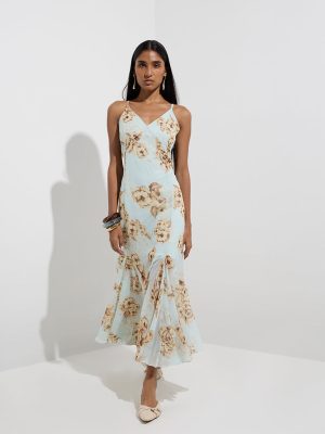 Wardrobe Light Blue Floral Design A-Line Dress