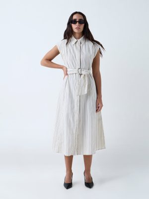 Wardrobe Off-White Stripe Cotton A-Line Dress with Belt