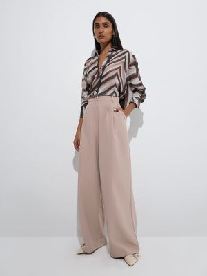 Wardrobe Taupe Solid Wide-Leg High-Rise Trousers
