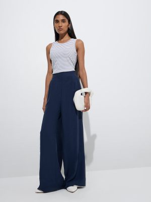 Wardrobe Navy Solid Wide-Leg High-Rise Trousers