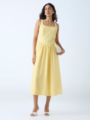 LOV Light Yellow Self-Textured A-Line Dress