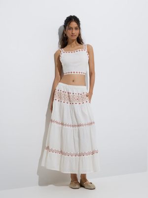Bombay Paisley White Embroidered Cotton Tiered Skirt