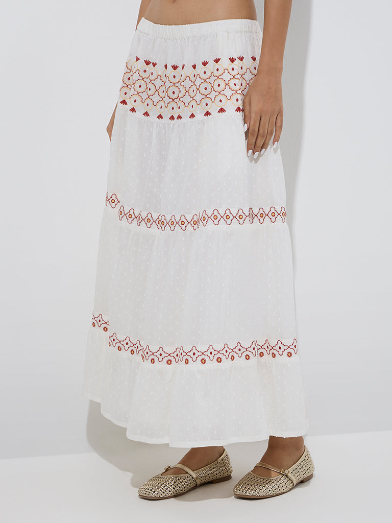 Bombay Paisley White Embroidered Cotton Tiered Skirt - Image 2