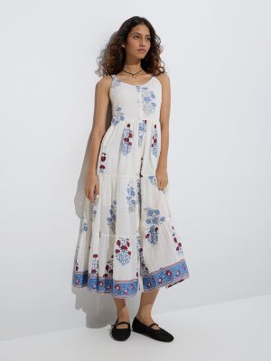 Bombay Paisley White Floral Pattern Cotton Tiered Dress