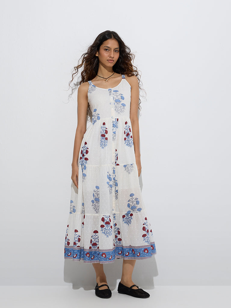 Bombay Paisley White Floral Pattern Cotton Tiered Dress - Image 2