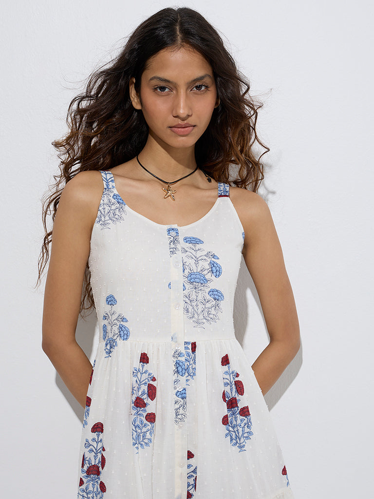 Bombay Paisley White Floral Pattern Cotton Tiered Dress - Image 3