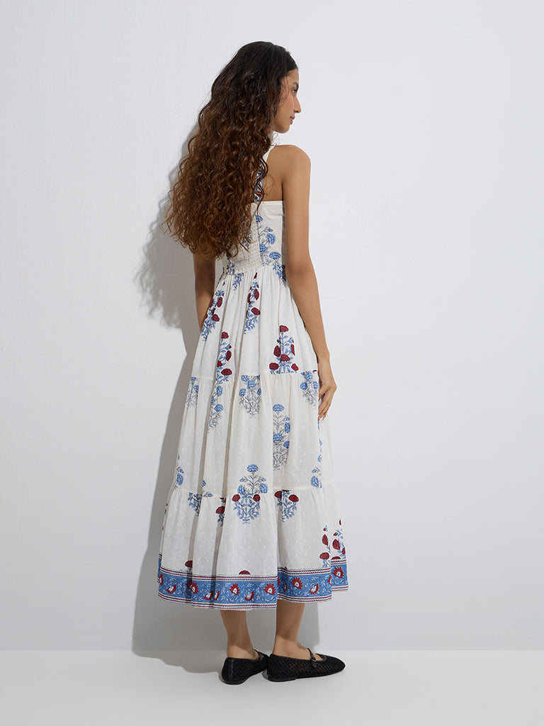 Bombay Paisley White Floral Pattern Cotton Tiered Dress - Image 4