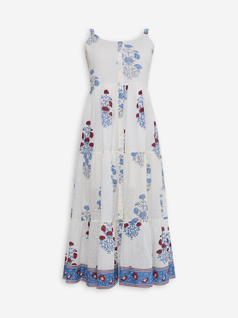 Bombay Paisley White Floral Pattern Cotton Tiered Dress - Image 5