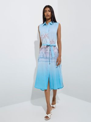 Utsa Blue Printed Cotton-Blend Shirt Dress with Belt