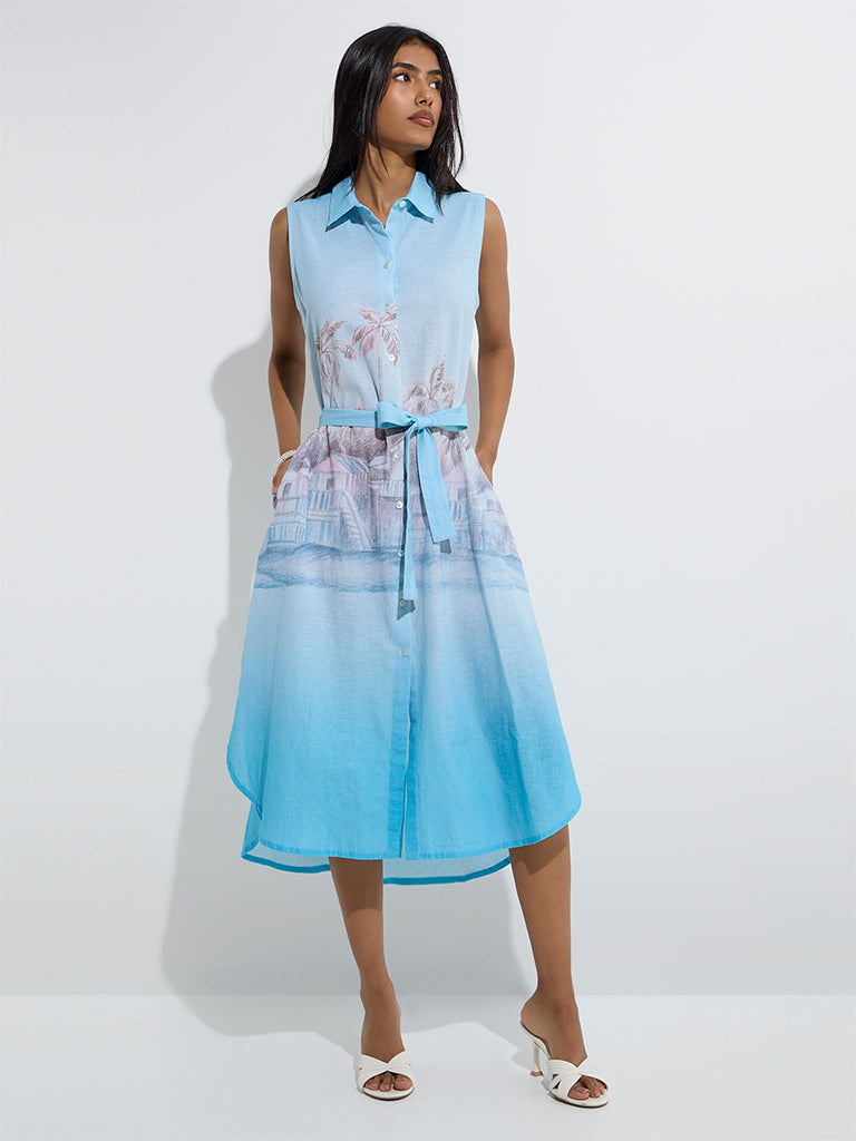 Utsa Blue Printed Cotton-Blend Shirt Dress with Belt - Image 2